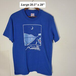 Vintage 90s Americade Lake George NY Blue Large T-Shirt Single Stitch Made/USA